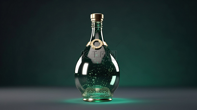 香槟瓶漂浮在绿色模型 3D 渲染中