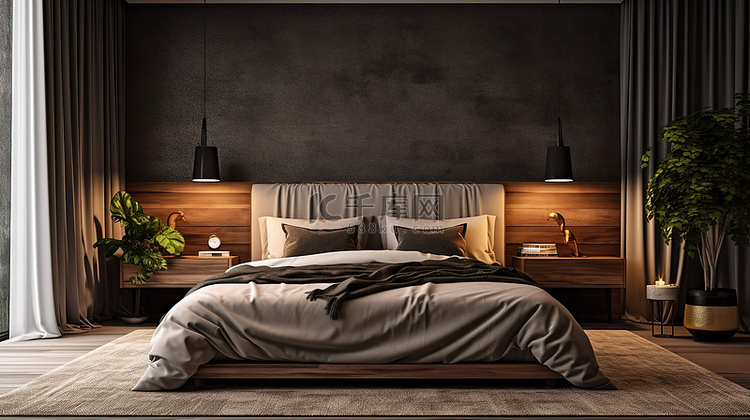 现代化的卧室配有经典床和 3D