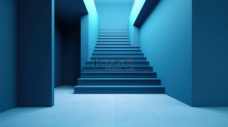 蓝色楼梯墙背景与 3d 渲染空地板