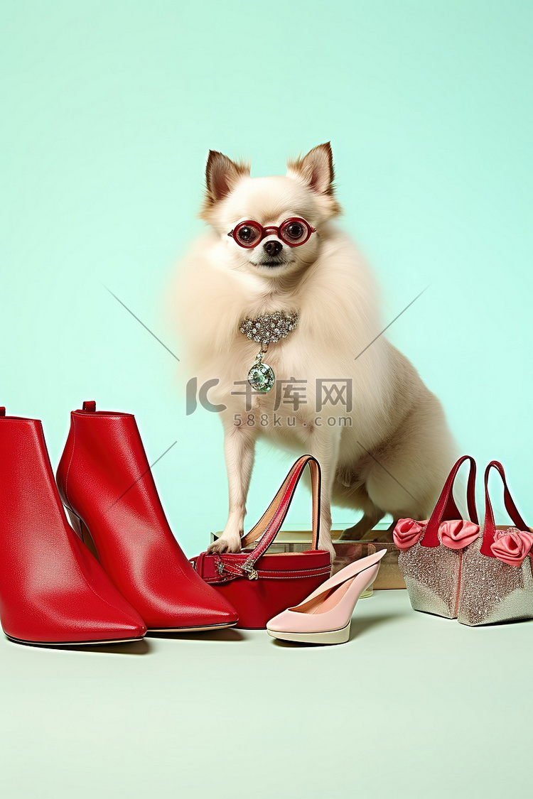 一只狗坐在一袋不同的鞋子上