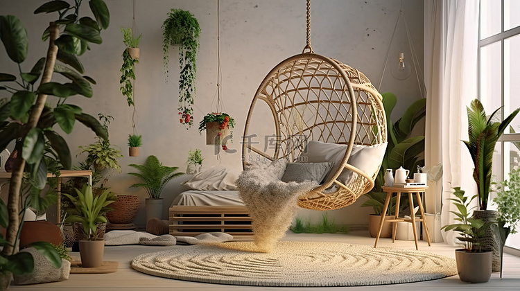 现代卧室配有波西米亚风格的吊椅