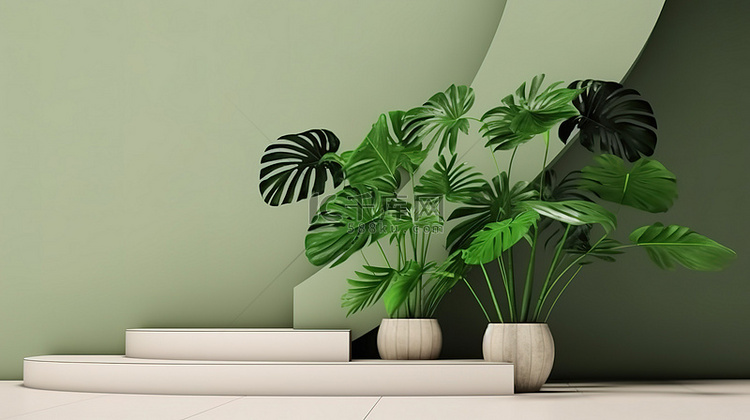 龟背竹植物和绿色讲台台阶模拟的