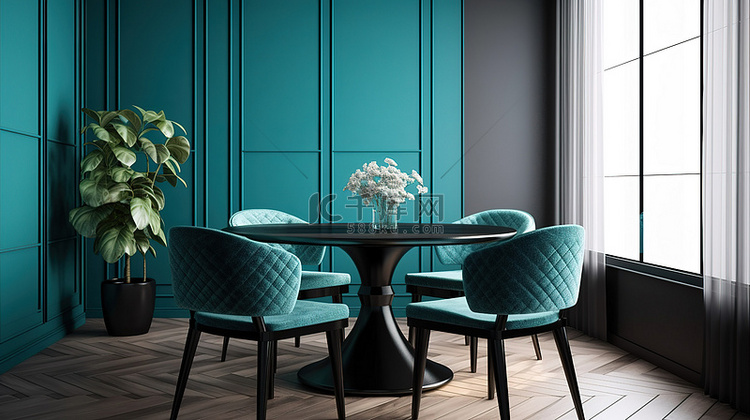 餐厅模型中蓝色圆形餐桌的 3D