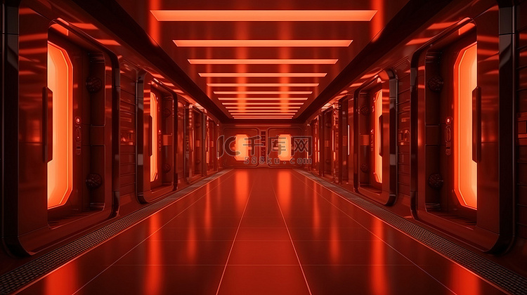 未来派宇宙飞船走廊入口的 3D