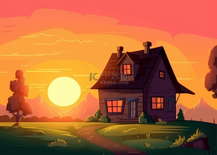 房子太阳橙色卡通背景