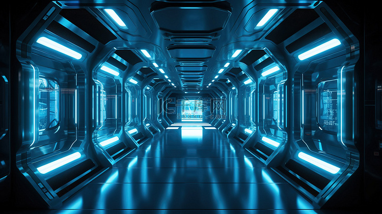 蓝色宇宙飞船走廊的未来派 3D