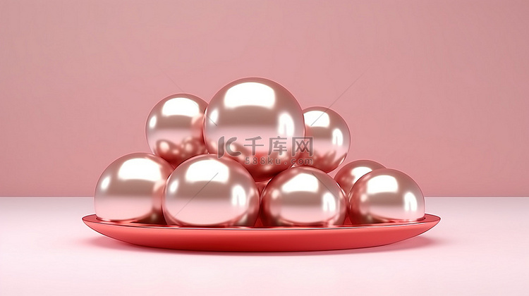 节日粉红金球抽象 3D 渲染圣