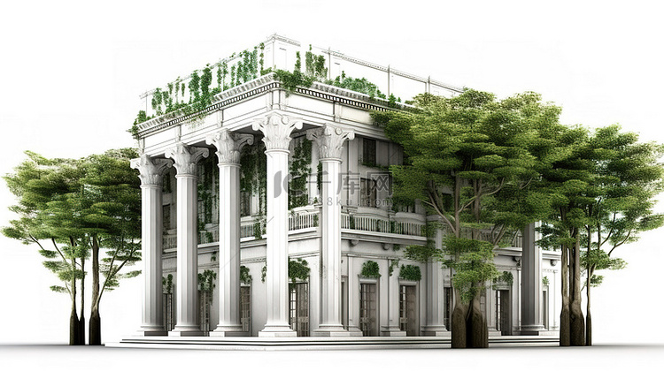 经典建筑白色背景与古董柱装饰绿