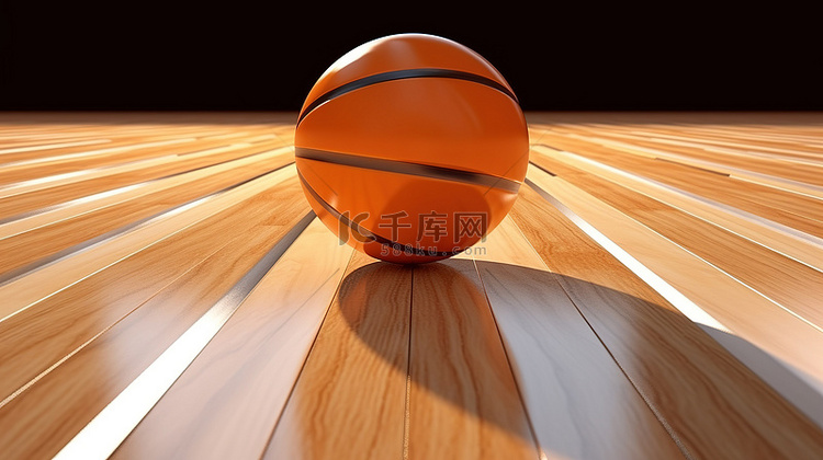 木制球场上橙色篮球的 3D 渲