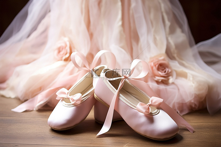木桌上的一双芭蕾舞鞋，带丝带