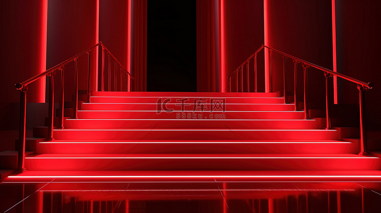 带楼梯红地毯和照明路径障碍的高