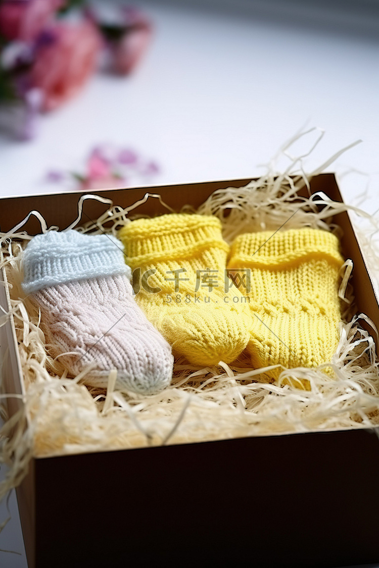 一盒碎纸巾里装着黄色的小婴儿袜