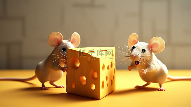 老鼠吃奶酪的 3D 插图