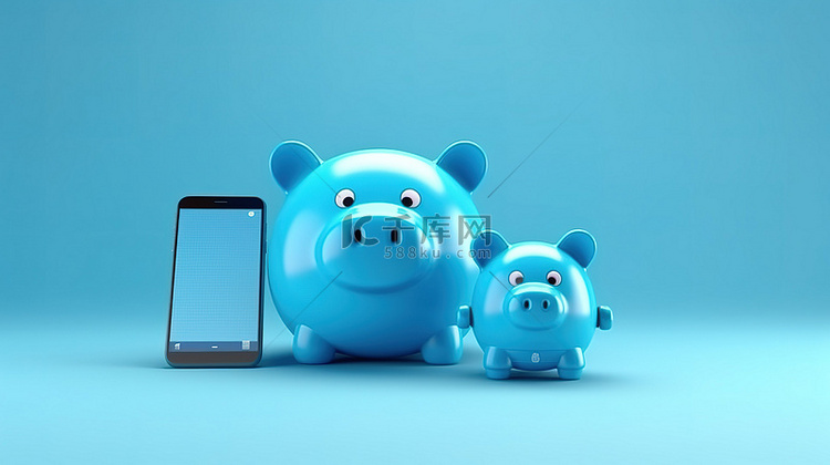 智能手机和蓝色存钱罐的 3D 