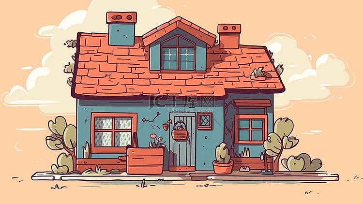 卡通房子简笔画红色屋顶蓝色外墙