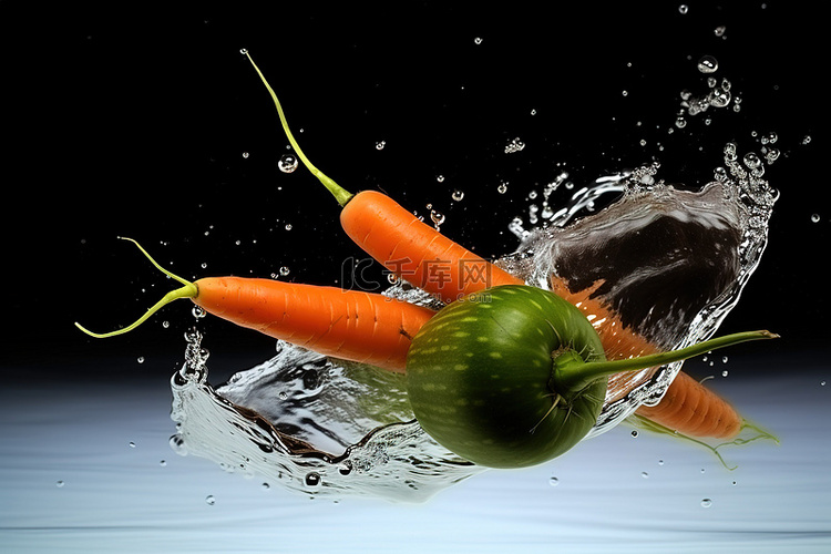 三种蔬菜被淹没在水里，溅起水花
