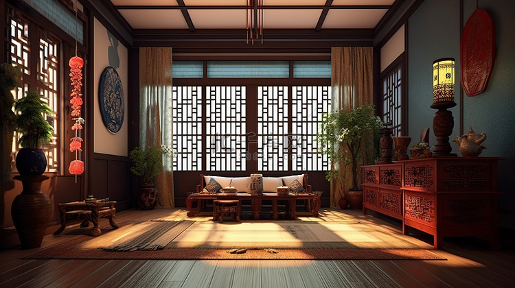 中国传统风格房间的 3D 渲染内部