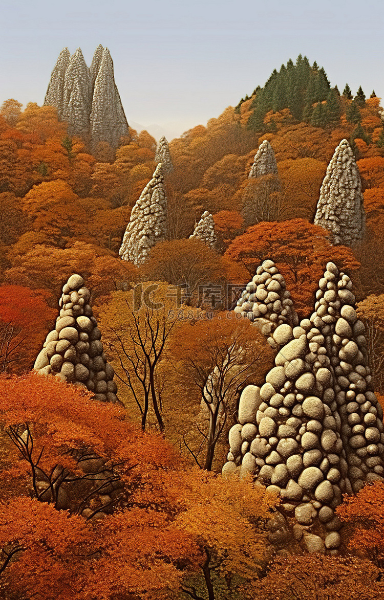 秋天有很多岩石，周围有树木
