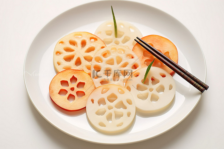 用筷子将水果切片放在白盘上