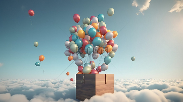 气球在天空中翱翔，伴随着礼品盒