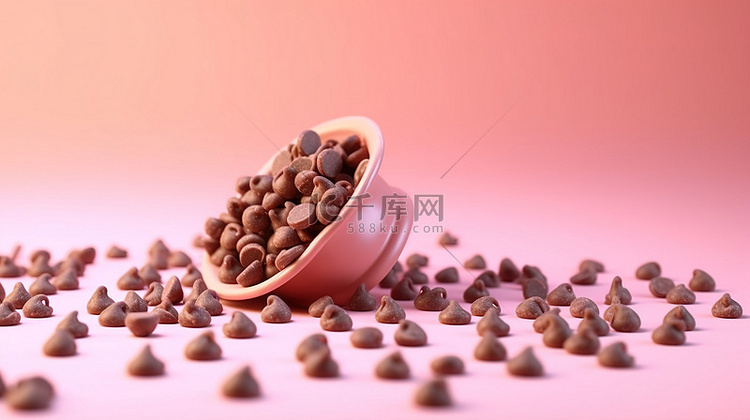 柔软粉红色表面上巧克力片的三维