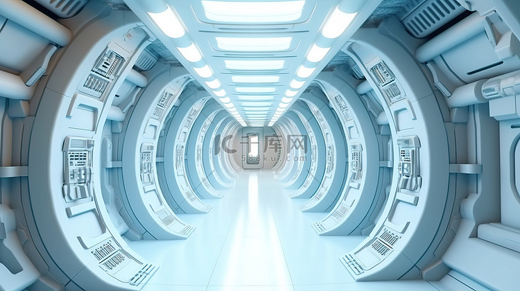 通过隧道进入科幻宇宙飞船走廊的
