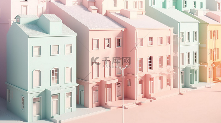 3D 渲染的柔和色彩的小房子