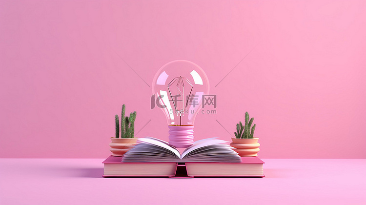 粉红色背景 3D 渲染概念中书