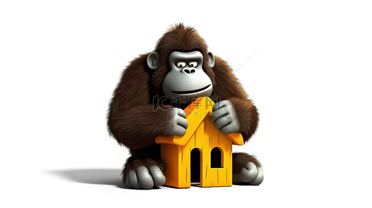 有趣的 3d 猿抓住房子符号
