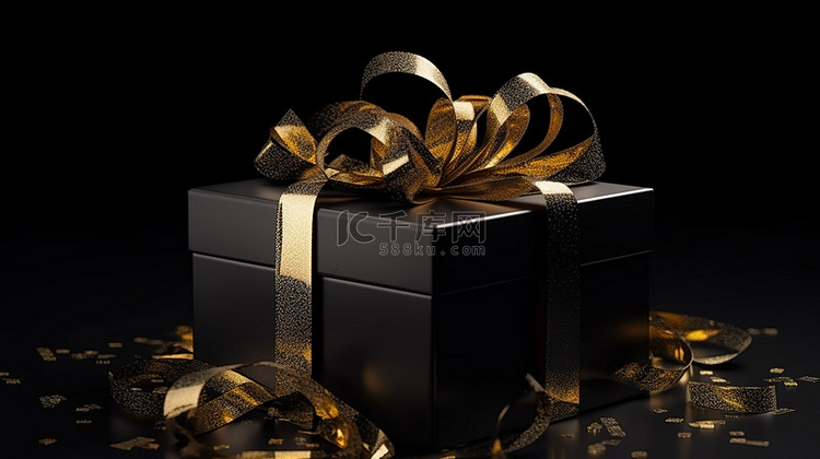 金色丝带增强了黑色礼品盒的 3