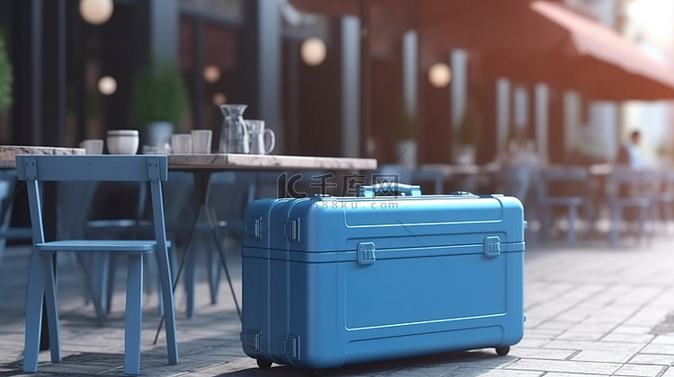 带咖啡馆设置的 3D 蓝色硬箱