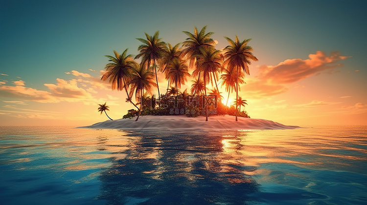 海洋岛屿上棕榈树的日落绿洲 3