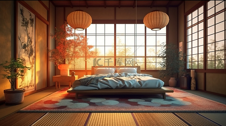 日本卧室内部的 3D 渲染，配