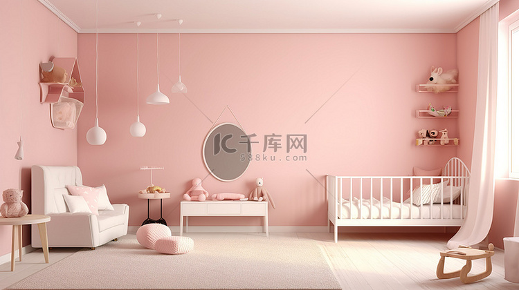 带白色家具的粉红色墙壁幼儿房间