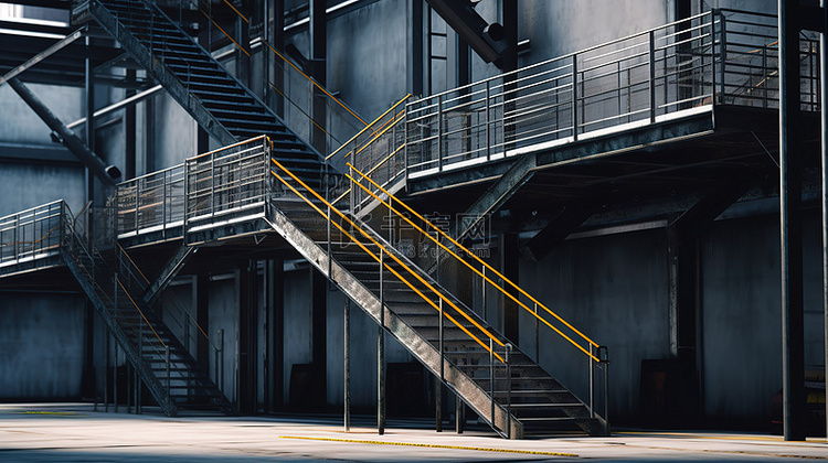 具有逼真细节的工业楼梯 3D 渲染
