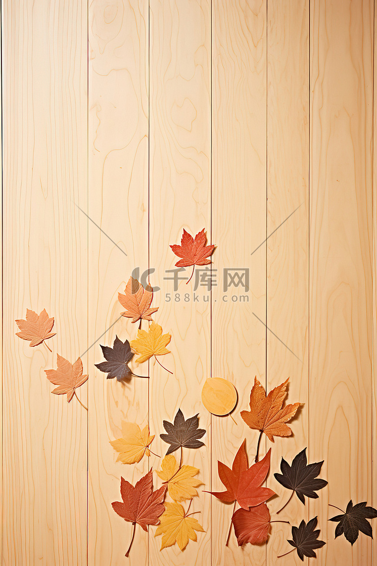 秋叶漂浮在木桌和桌面上的空中