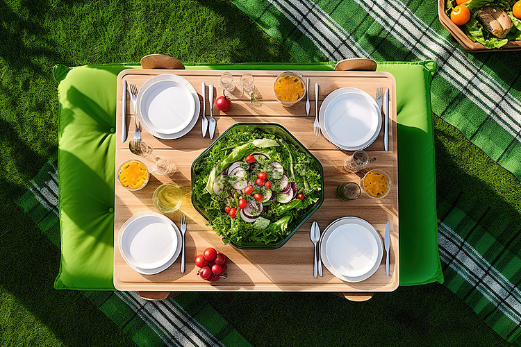 绿色野餐桌和沙拉