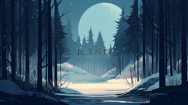 森林雪地月亮冬天背景