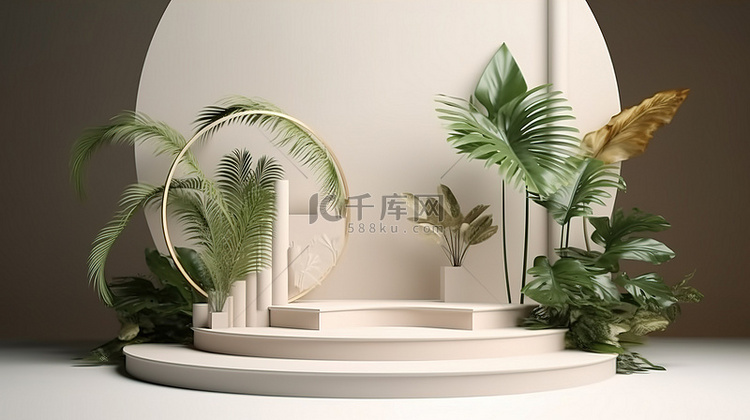抽象 3d 平台上带有植物讲台