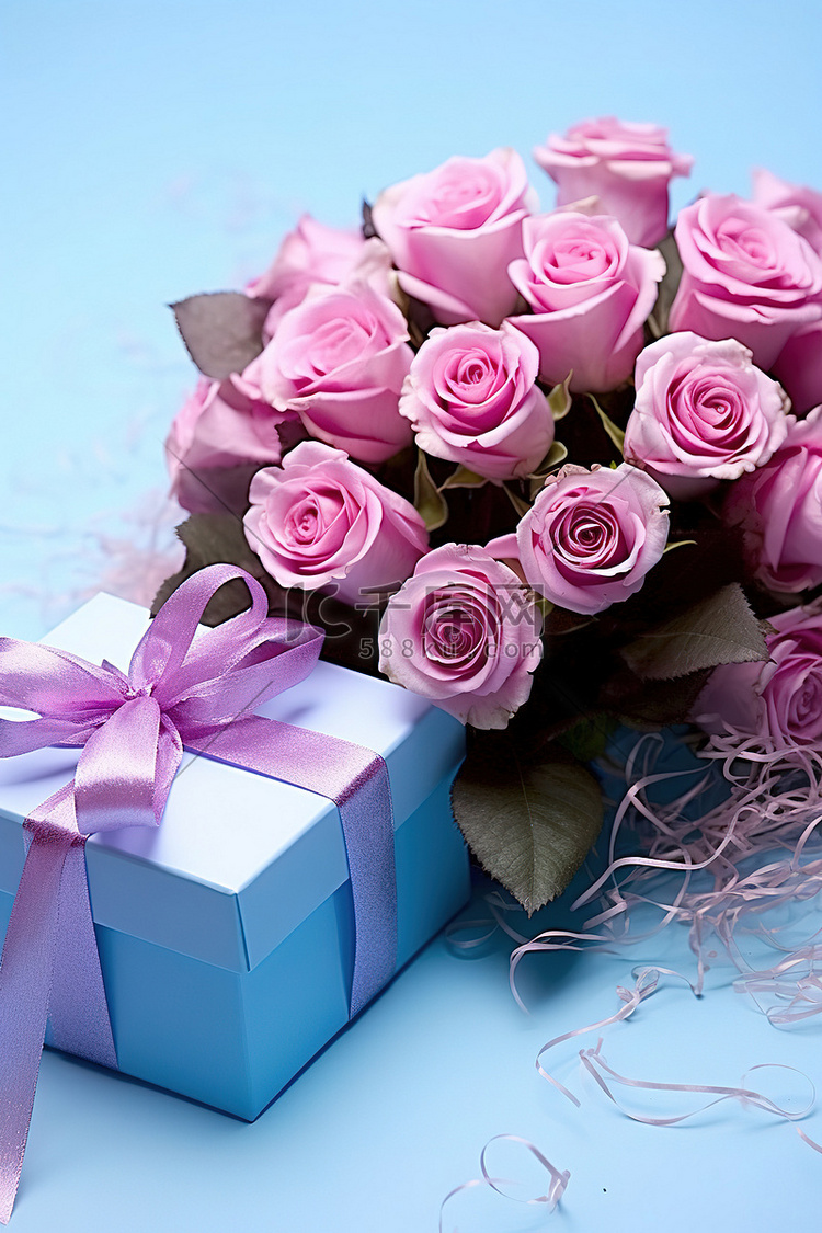 紫色和蓝色玫瑰，带蓝色盒子和花