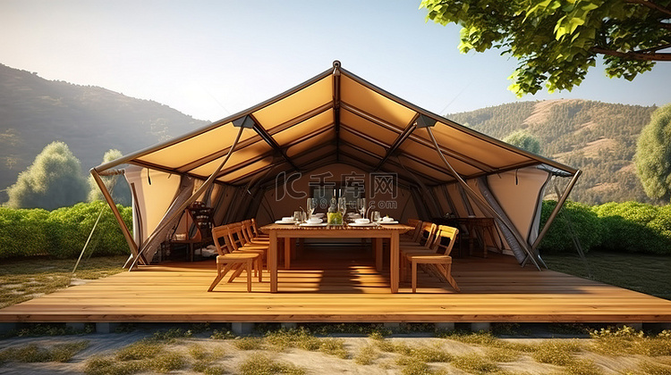 带帐篷屋顶和自然背景的木屋的 