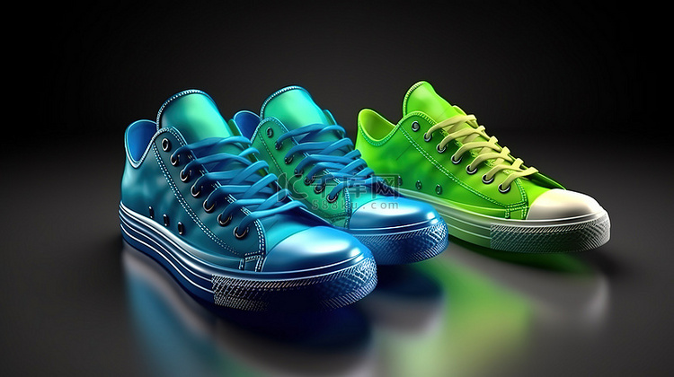 鞋底上一套彩色蓝色和绿色运动鞋