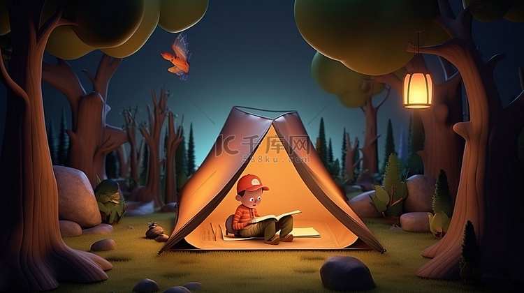 儿童读物中儿童露营的插图 3D