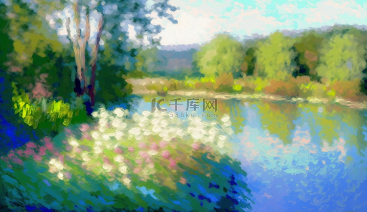 田园湖水花朵背景