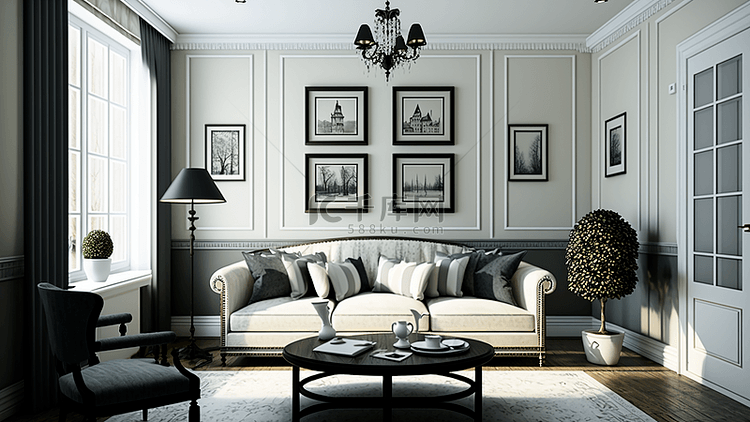 客厅黑白配色白色沙发黑色小圆台