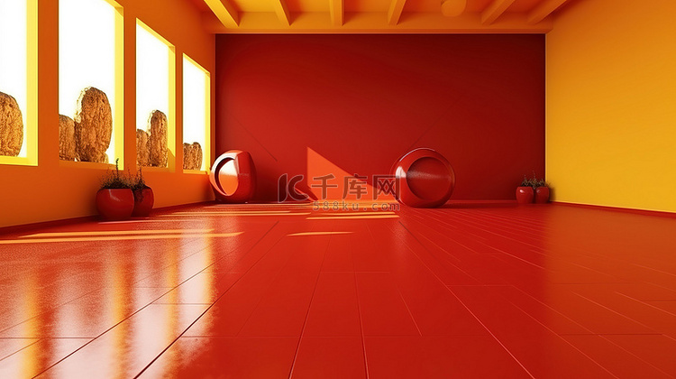 红色色调和黄色地板客厅的 3D