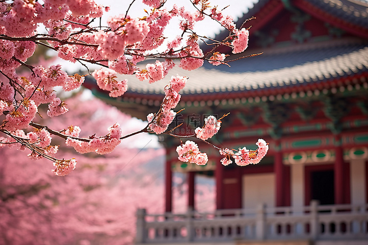 韩国樱花树在前面绽放