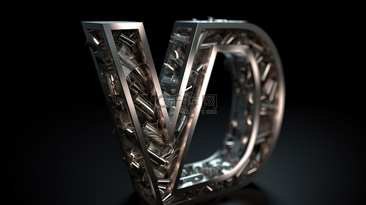 3d 渲染中字母 v 的金属打