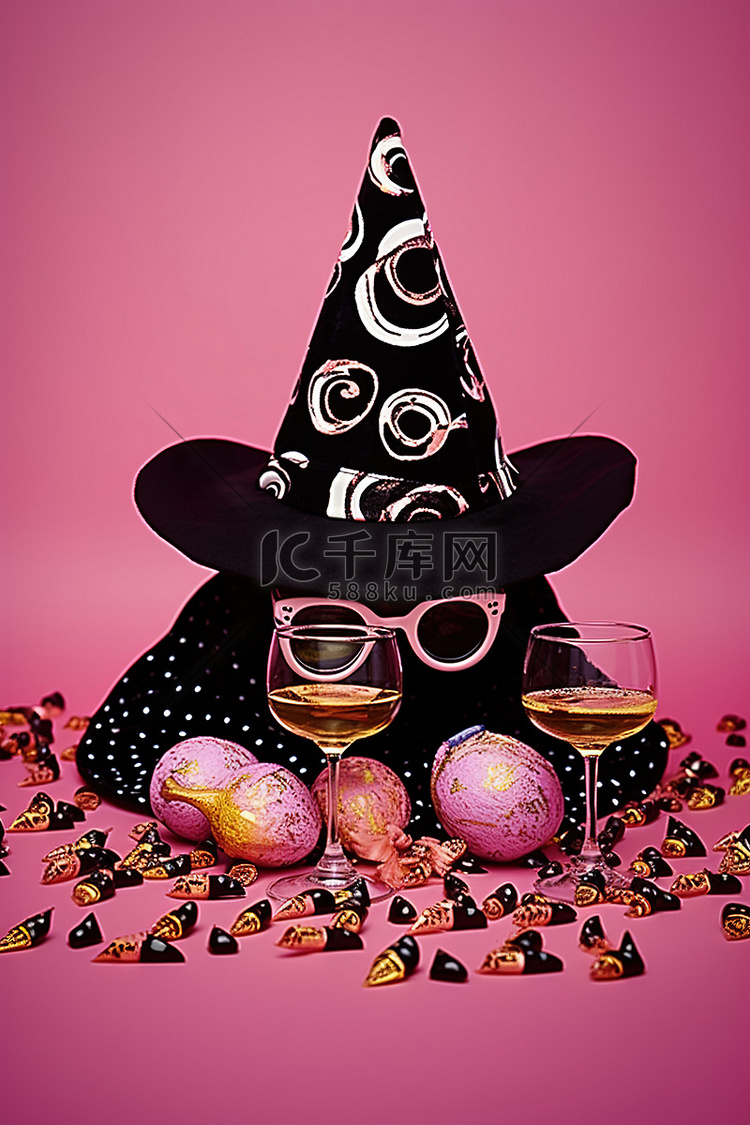 一顶女巫帽眼镜和一碗糖果