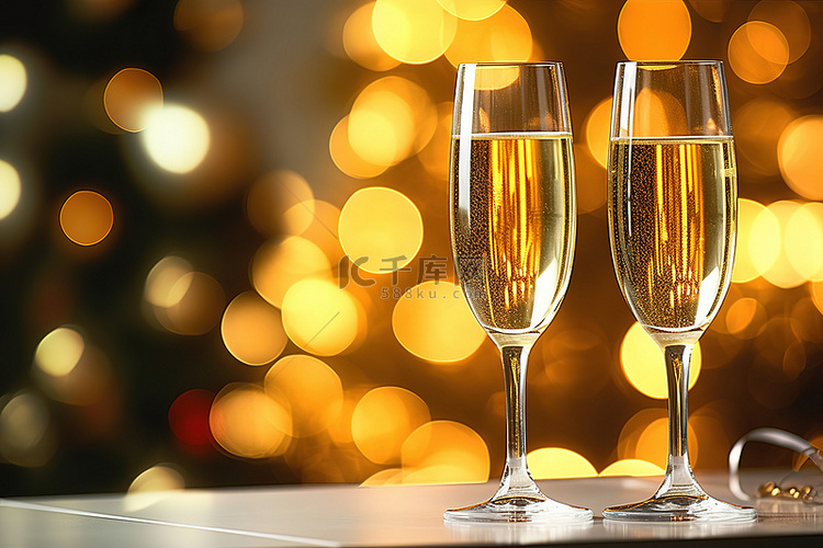 闪亮的圣诞树上放着两杯香槟